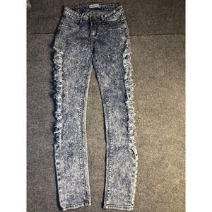 Blue Connection Skinny Jeans Wear Women 3/4 Blue Denim Side Ripped Leg Acid Wash